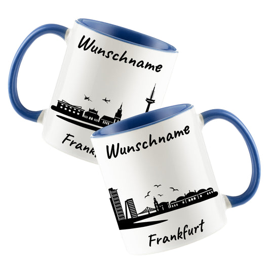 Tasse in Cambridge Blau 330ml bedruckt mit der Skyline von Frankfurt personalisierbar mit Wunschname