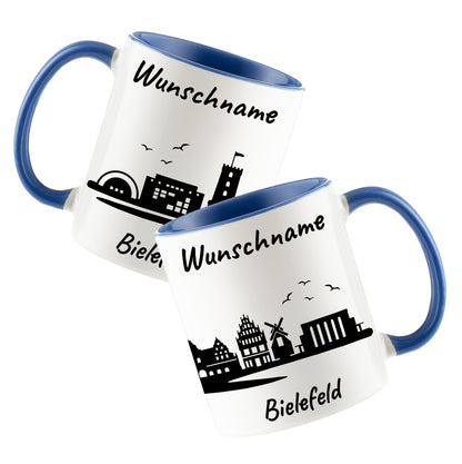 Tasse in Cambridge Blau 330ml bedruckt mit der Skyline von Bielefeld personalisierbar mit Wunschname