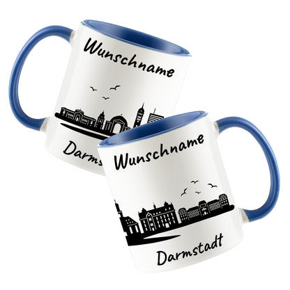 Tasse in Cambridge Blau 330ml bedruckt mit der Skyline von Darmstadt personalisierbar mit Wunschname