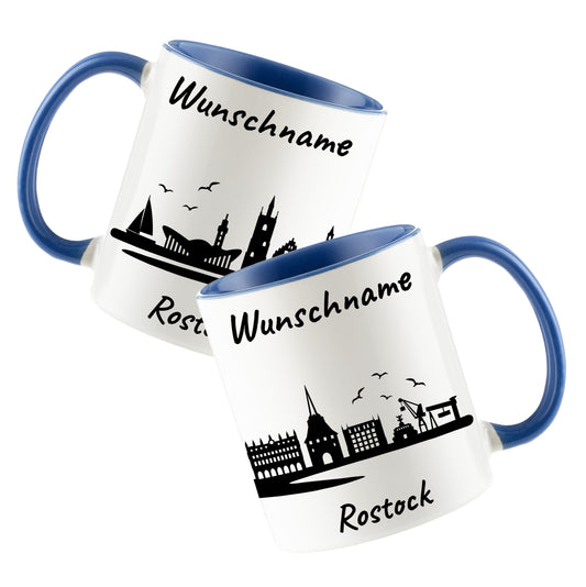 Tasse in Cambridge Blau 330ml bedruckt mit der Skyline von Rostock personalisierbar mit Wunschname