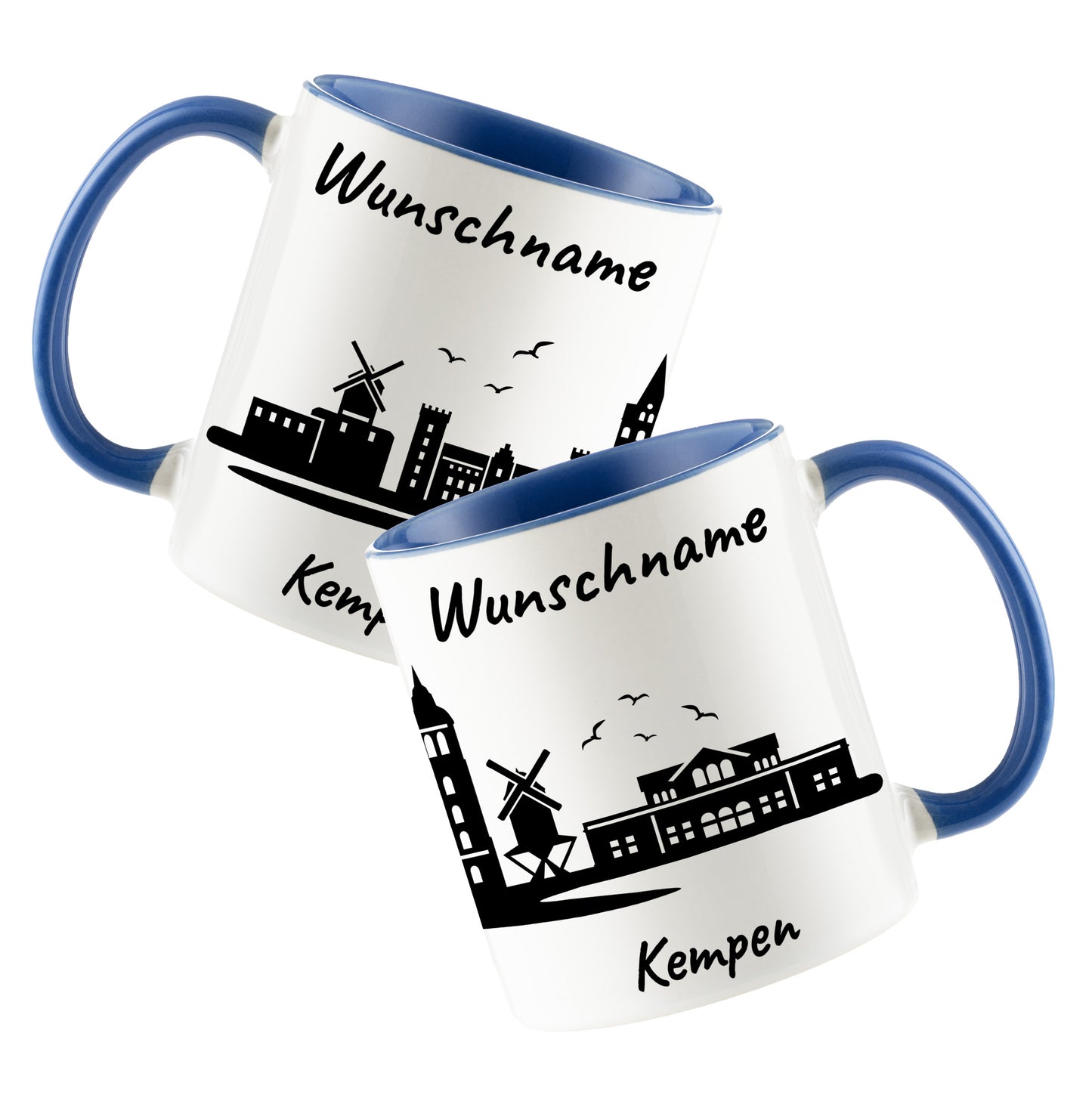 Tasse in Cambridge Blau 330ml bedruckt mit der Skyline von Kempen personalisierbar mit Wunschname