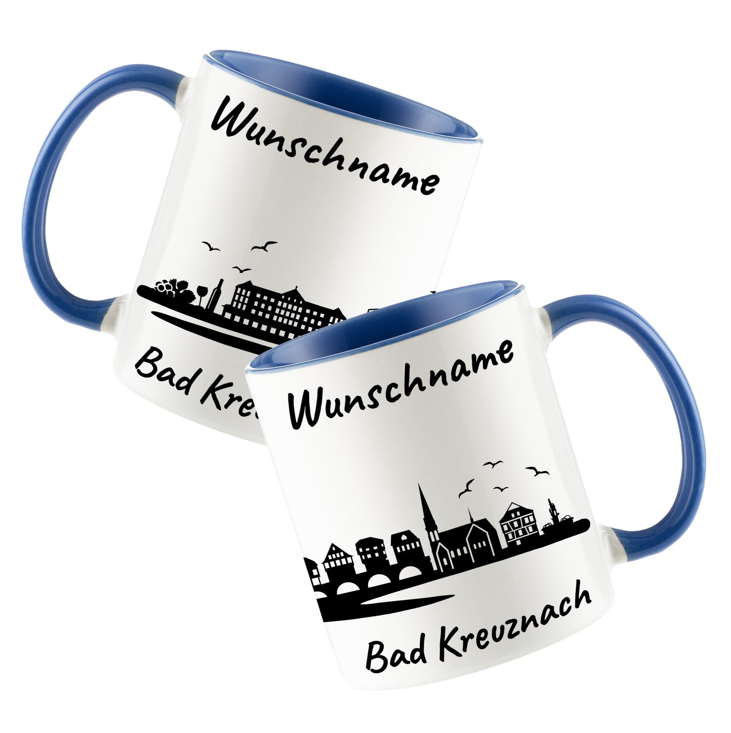 Tasse in Cambridge Blau 330ml bedruckt mit der Skyline von Bad Kreuznach personalisierbar mit Wunschname
