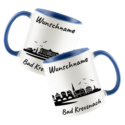 Tasse in Cambridge Blau 330ml bedruckt mit der Skyline von Bad Kreuznach personalisierbar mit Wunschname