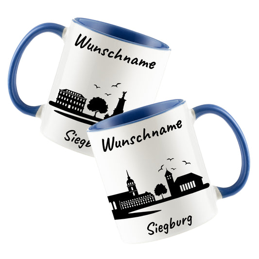 Tasse in Cambridge Blau 330ml bedruckt mit der Skyline von Siegburg personalisierbar mit Wunschname