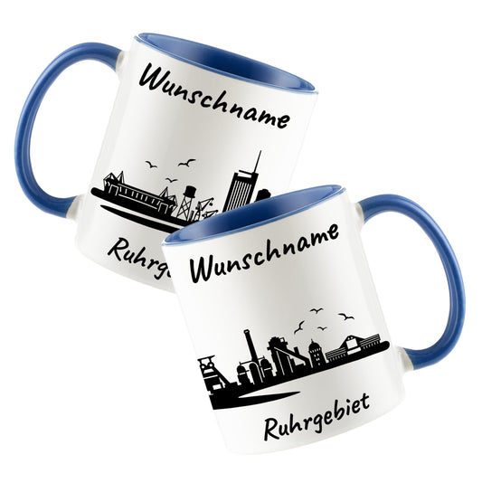 Tasse in Cambridge Blau 330ml bedruckt mit der Skyline von Ruhrgebiet personalisierbar mit Wunschname