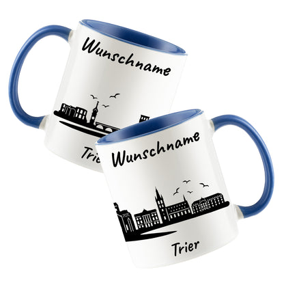 Tasse in Cambridge Blau 330ml bedruckt mit der Skyline von Trier personalisierbar mit Wunschname