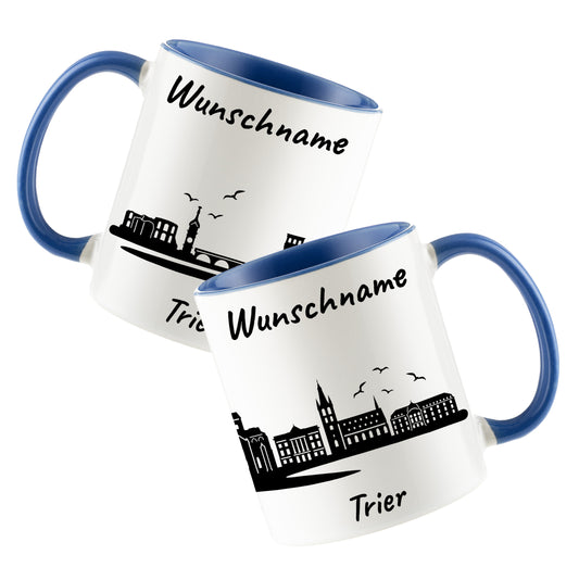 Tasse in Cambridge Blau 330ml bedruckt mit der Skyline von Trier personalisierbar mit Wunschname