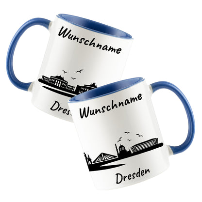Tasse in Cambridge Blau 330ml bedruckt mit der Skyline von Dresden personalisierbar mit Wunschname