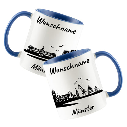 Tasse in Cambridge Blau 330ml bedruckt mit der Skyline von Münster personalisierbar mit Wunschname
