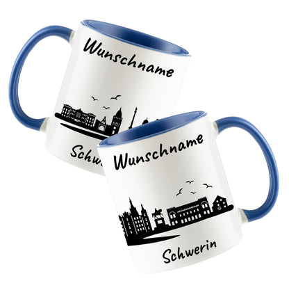 Tasse in Cambridge Blau 330ml bedruckt mit der Skyline von Schwerin personalisierbar mit Wunschname