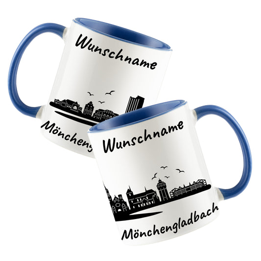 Tasse in Cambridge Blau 330ml bedruckt mit der Skyline von Mönchengladbach personalisierbar mit Wunschname