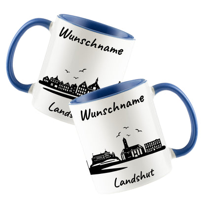 Tasse in Cambridge Blau 330ml bedruckt mit der Skyline von Landshut personalisierbar mit Wunschname