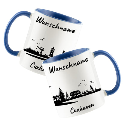 Tasse in Cambridge Blau 330ml bedruckt mit der Skyline von Cuxhaven personalisierbar mit Wunschname