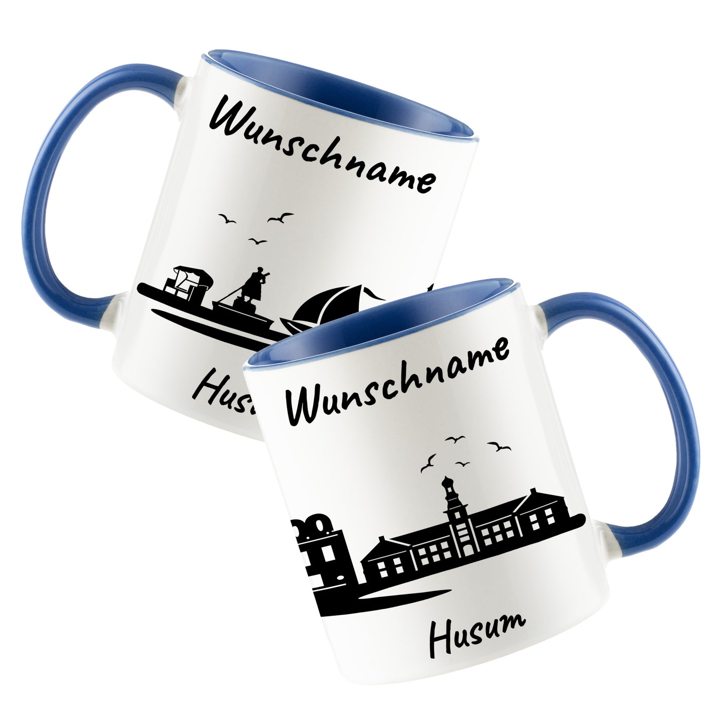 Tasse in Cambridge Blau 330ml bedruckt mit der Skyline von Husum personalisierbar mit Wunschname