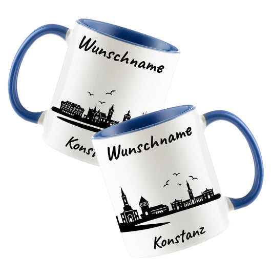 Tasse in Cambridge Blau 330ml bedruckt mit der Skyline von Konstanz personalisierbar mit Wunschname