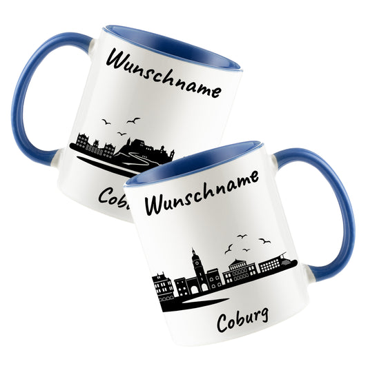 Tasse in Cambridge Blau 330ml bedruckt mit der Skyline von Coburg personalisierbar mit Wunschname
