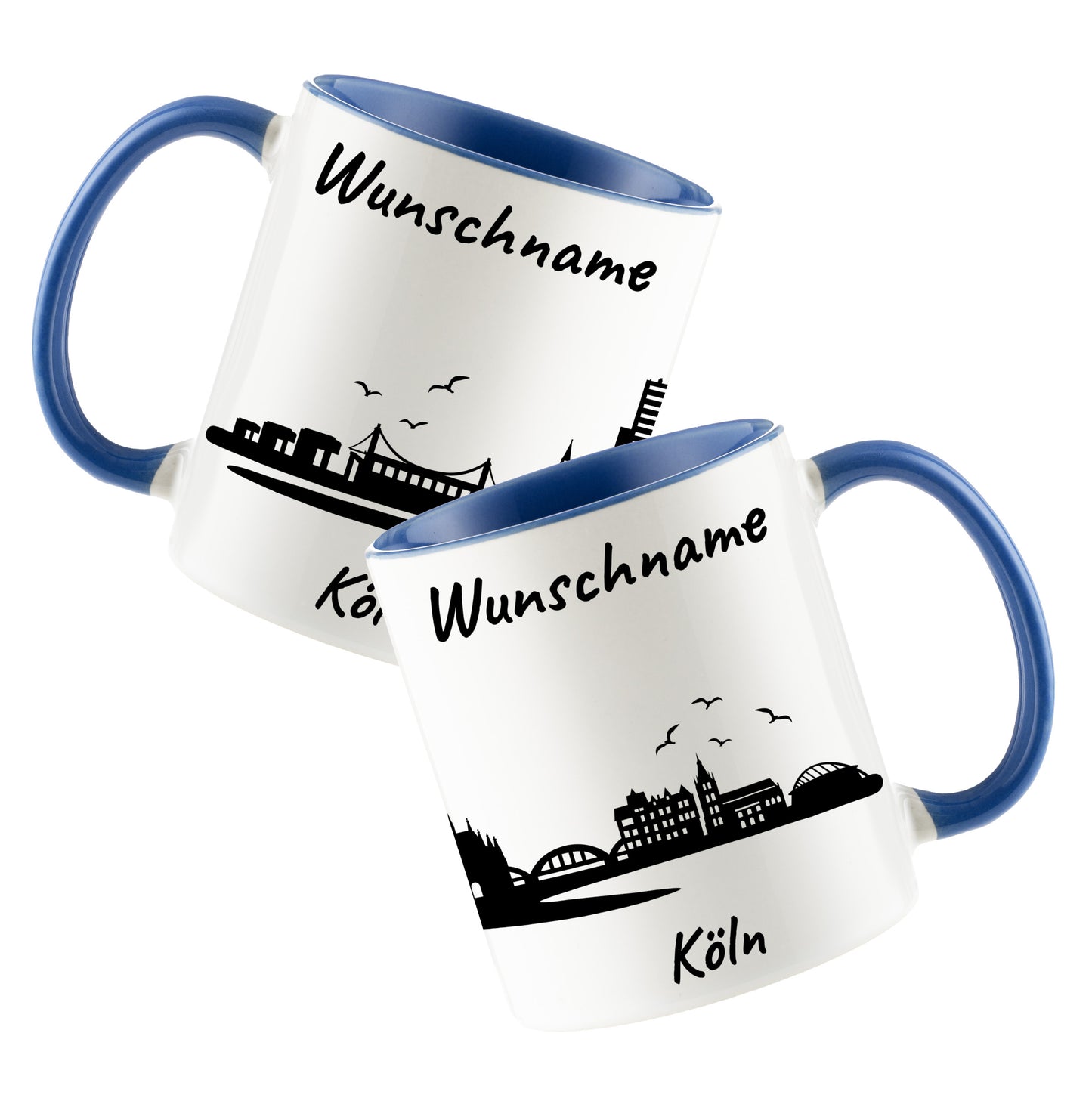 Tasse in Cambridge Blau 330ml bedruckt mit der Skyline von Köln personalisierbar mit Wunschname
