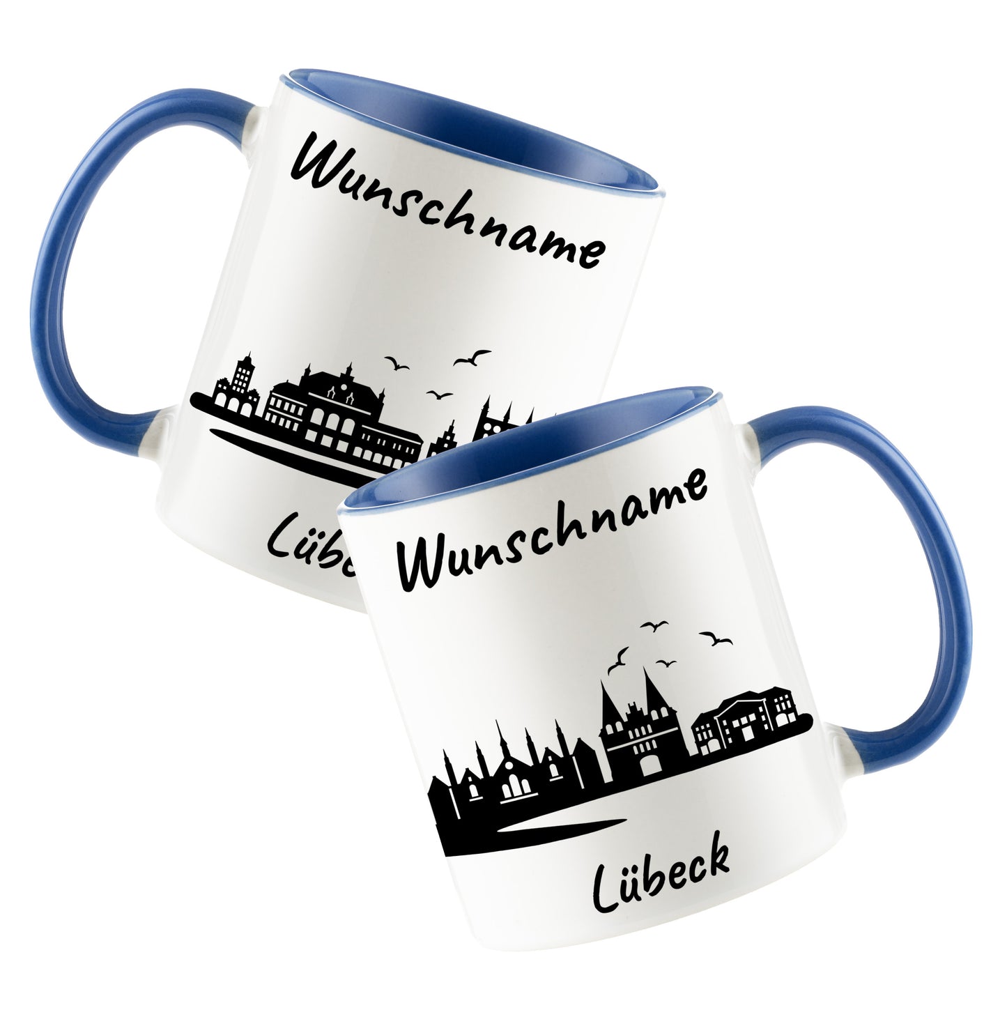 Tasse in Cambridge Blau 330ml bedruckt mit der Skyline von Lübeck personalisierbar mit Wunschname