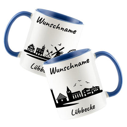Tasse in Cambridge Blau 330ml bedruckt mit der Skyline von Lübbecke personalisierbar mit Wunschname