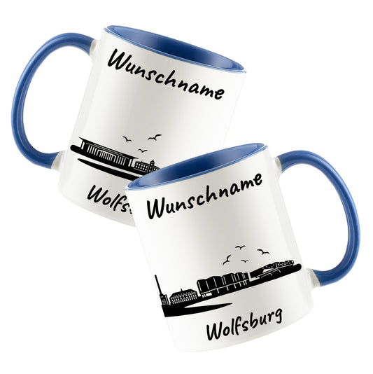 Tasse in Cambridge Blau 330ml bedruckt mit der Skyline von Wolfsburg personalisierbar mit Wunschname