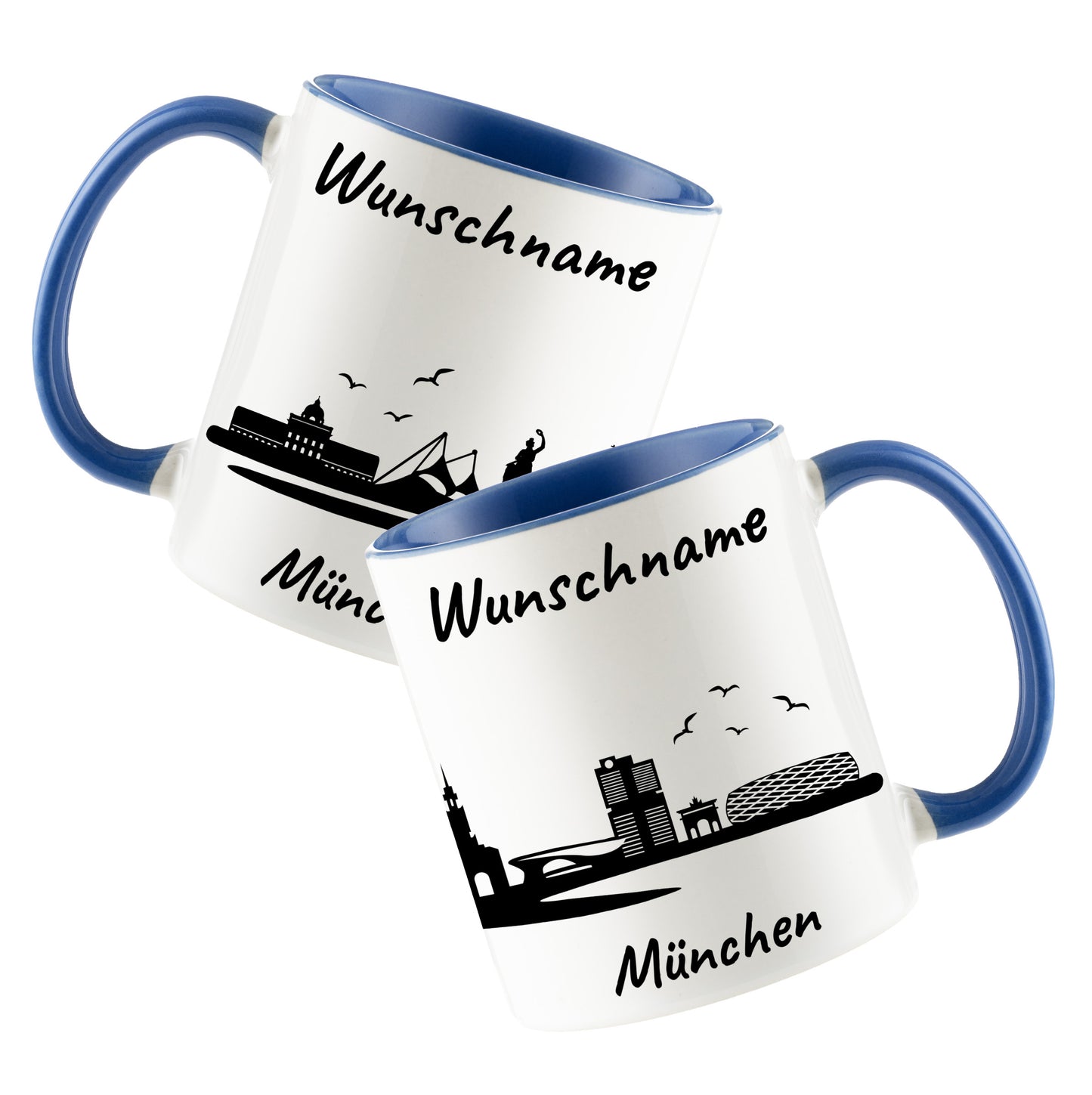 Tasse in Cambridge Blau 330ml bedruckt mit der Skyline von München personalisierbar mit Wunschname
