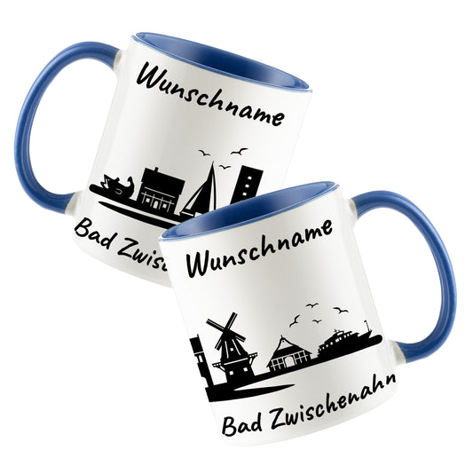 Tasse in Cambridge Blau 330ml bedruckt mit der Skyline von Bad Zwischenahn personalisierbar mit Wunschname