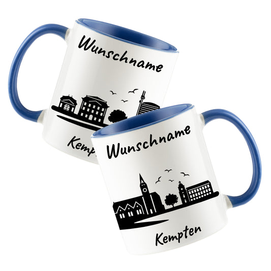Tasse in Cambridge Blau 330ml bedruckt mit der Skyline von Kempten personalisierbar mit Wunschname