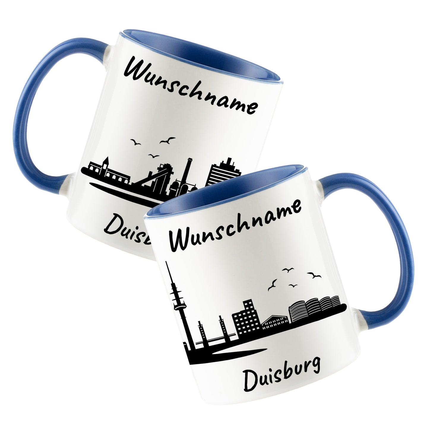 Tasse in Cambridge Blau 330ml bedruckt mit der Skyline von Duisburg personalisierbar mit Wunschname