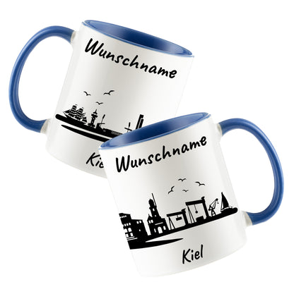 Tasse in Cambridge Blau 330ml bedruckt mit der Skyline von Kiel personalisierbar mit Wunschname
