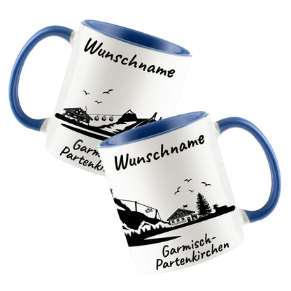 Tasse in Cambridge Blau 330ml bedruckt mit der Skyline von Garmisch-Partenkirchen personalisierbar mit Wunschname