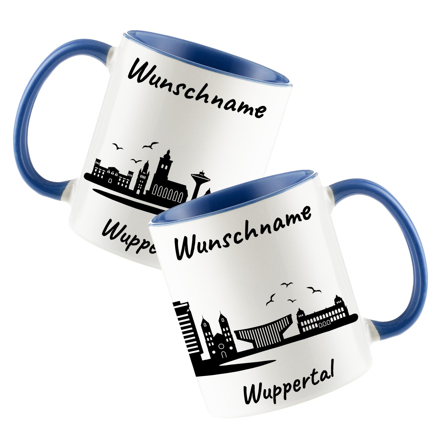 Tasse in Cambridge Blau 330ml bedruckt mit der Skyline von Wuppertal personalisierbar mit Wunschname