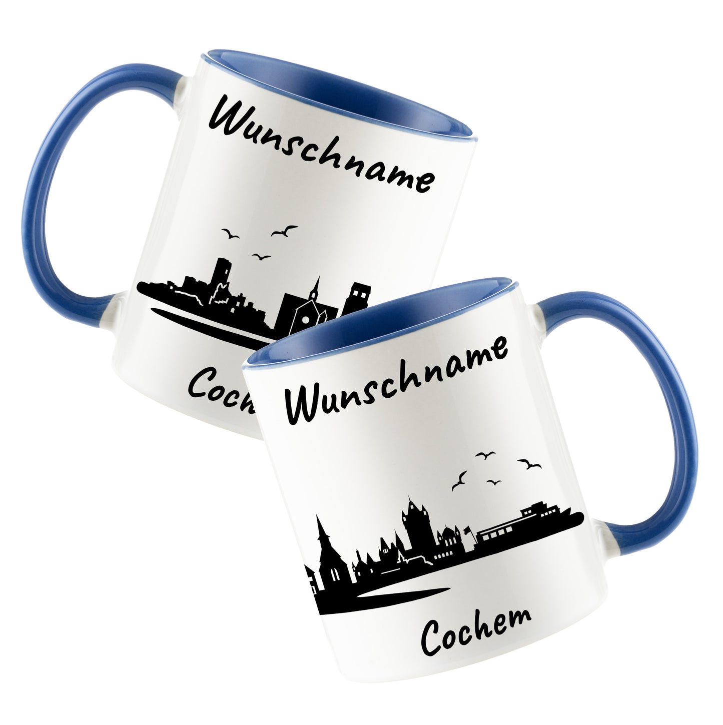 Tasse in Cambridge Blau 330ml bedruckt mit der Skyline von Cochem personalisierbar mit Wunschname