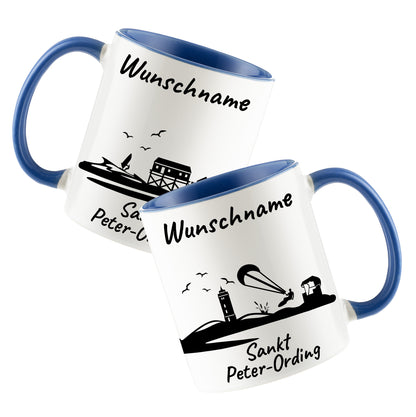 Tasse in Cambridge Blau 330ml bedruckt mit der Skyline von Sankt Peter-Ording personalisierbar mit Wunschname