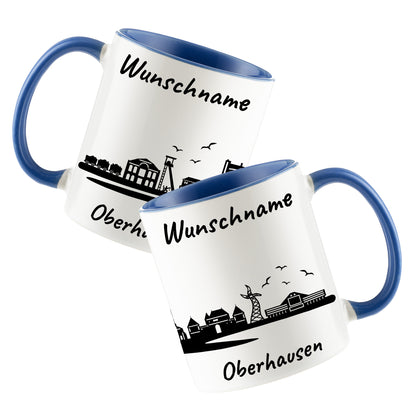 Tasse in Cambridge Blau 330ml bedruckt mit der Skyline von Oberhausen personalisierbar mit Wunschname