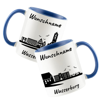 Tasse in Cambridge Blau 330ml bedruckt mit der Skyline von Wasserburg personalisierbar mit Wunschname