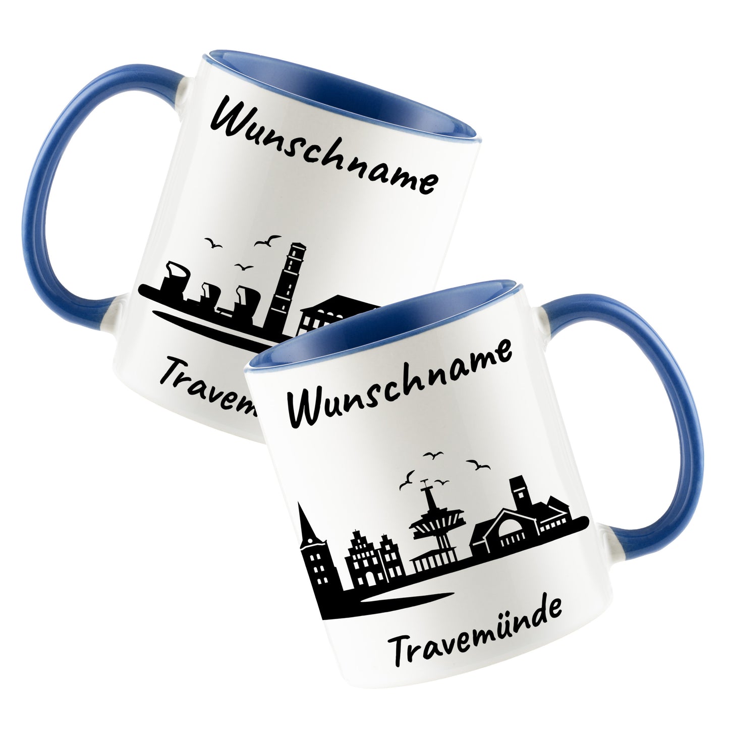 Tasse in Cambridge Blau 330ml bedruckt mit der Skyline von Travemünde personalisierbar mit Wunschname