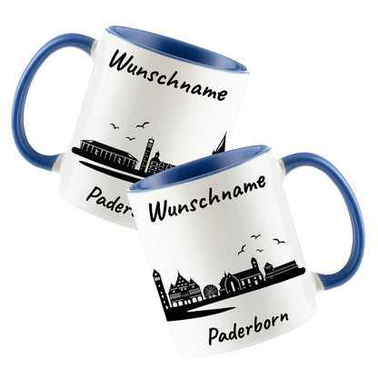 Tasse in Cambridge Blau 330ml bedruckt mit der Skyline von Paderborn personalisierbar mit Wunschname