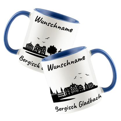 Tasse in Cambridge Blau 330ml bedruckt mit der Skyline von Bergisch Gladbach personalisierbar mit Wunschname