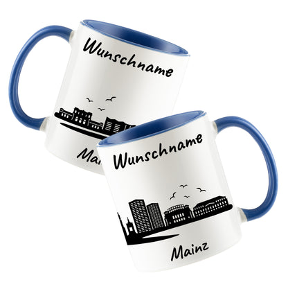 Tasse in Cambridge Blau 330ml bedruckt mit der Skyline von Mainz personalisierbar mit Wunschname