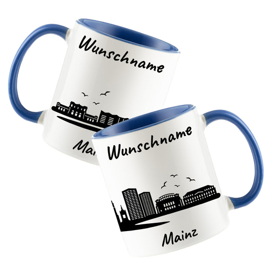 Tasse in Cambridge Blau 330ml bedruckt mit der Skyline von Mainz personalisierbar mit Wunschname