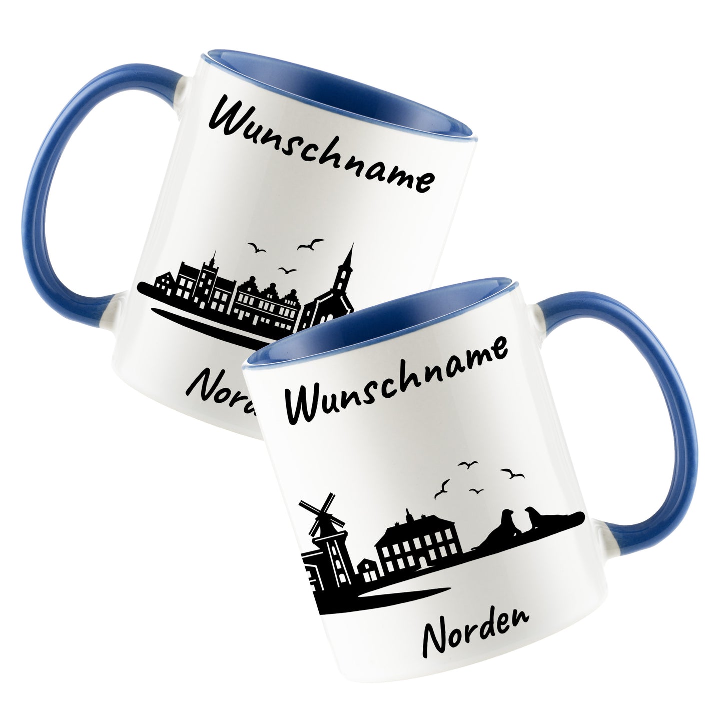 Tasse in Cambridge Blau 330ml bedruckt mit der Skyline von Norden personalisierbar mit Wunschname