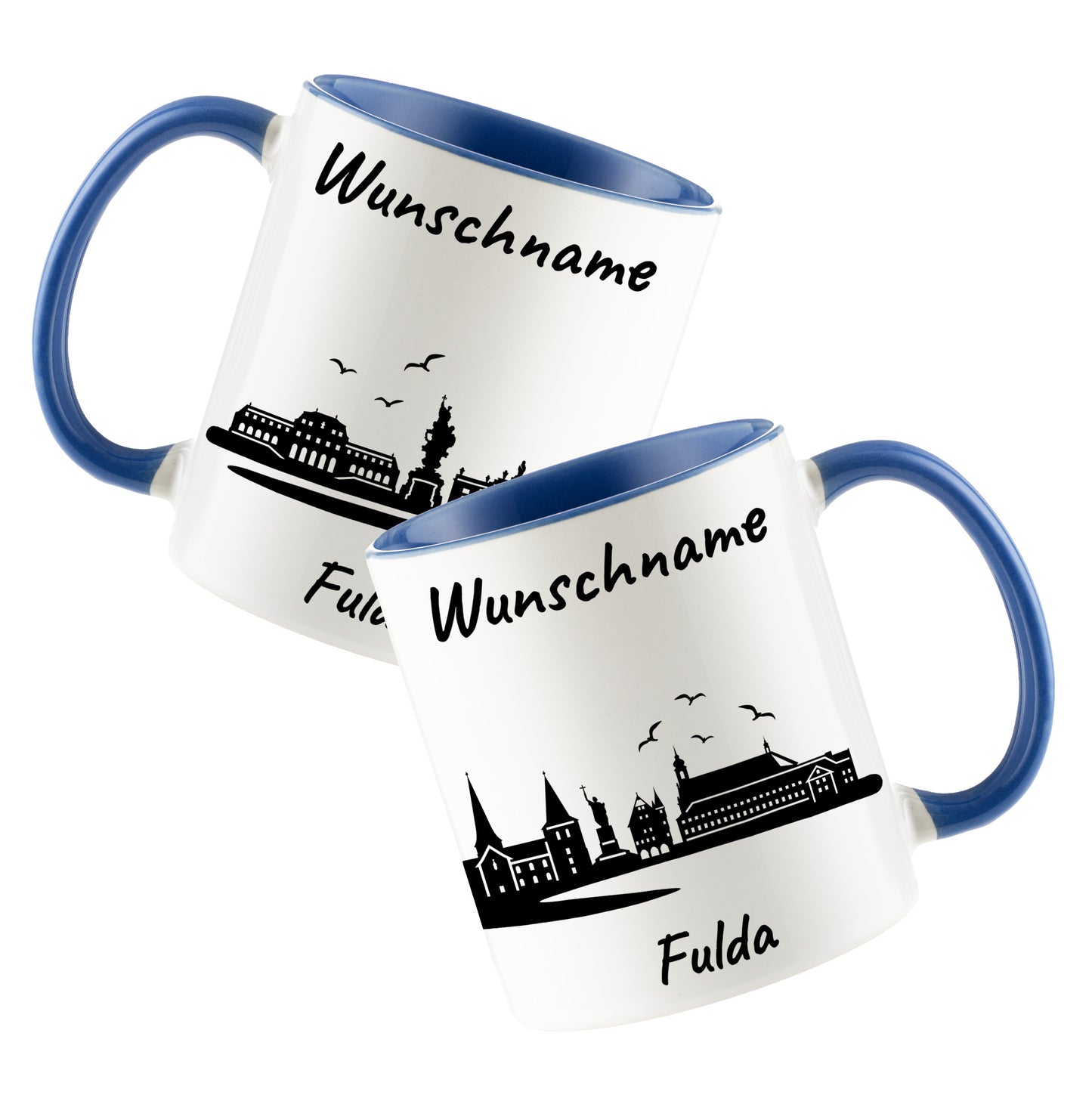 Tasse in Cambridge Blau 330ml bedruckt mit der Skyline von Fulda personalisierbar mit Wunschname