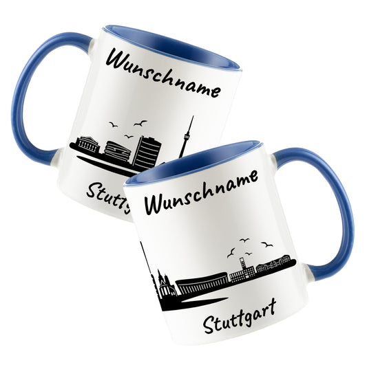 Tasse in Cambridge Blau 330ml bedruckt mit der Skyline von Stuttgart personalisierbar mit Wunschname