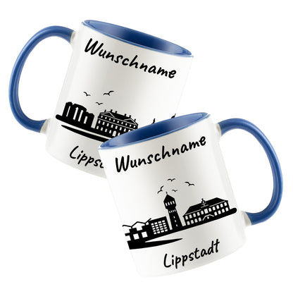 Tasse in Cambridge Blau 330ml bedruckt mit der Skyline von Lippstadt personalisierbar mit Wunschname