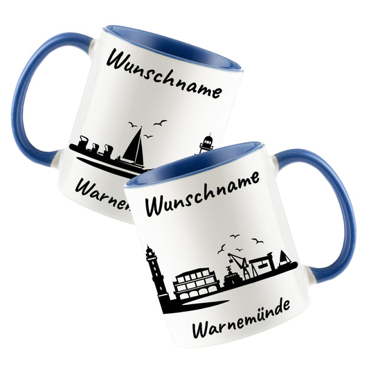 Tasse in Cambridge Blau 330ml bedruckt mit der Skyline von Warnemünde personalisierbar mit Wunschname