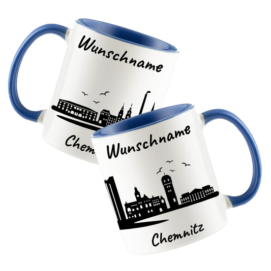 Tasse in Cambridge Blau 330ml bedruckt mit der Skyline von Chemnitz personalisierbar mit Wunschname