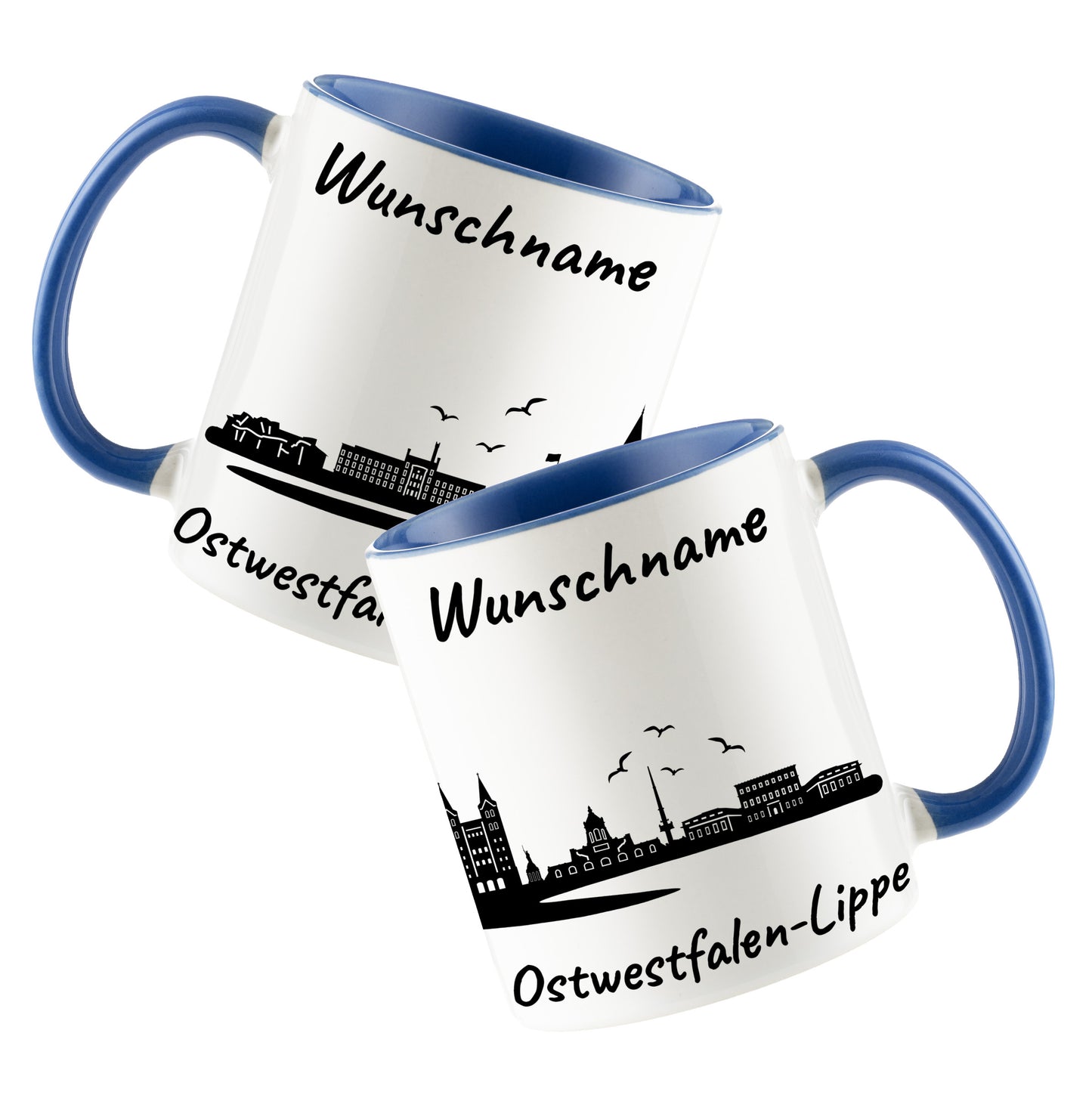 Tasse in Cambridge Blau 330ml bedruckt mit der Skyline von Ostwestfalen-Lippe personalisierbar mit Wunschname