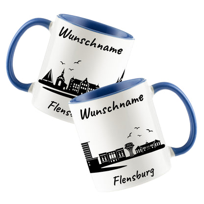 Tasse in Cambridge Blau 330ml bedruckt mit der Skyline von Flensburg personalisierbar mit Wunschname