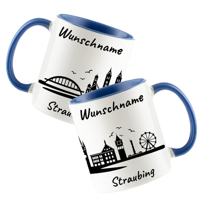 Tasse in Cambridge Blau 330ml bedruckt mit der Skyline von Straubing personalisierbar mit Wunschname
