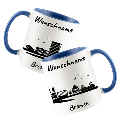 Tasse in Cambridge Blau 330ml bedruckt mit der Skyline von Bremen personalisierbar mit Wunschname